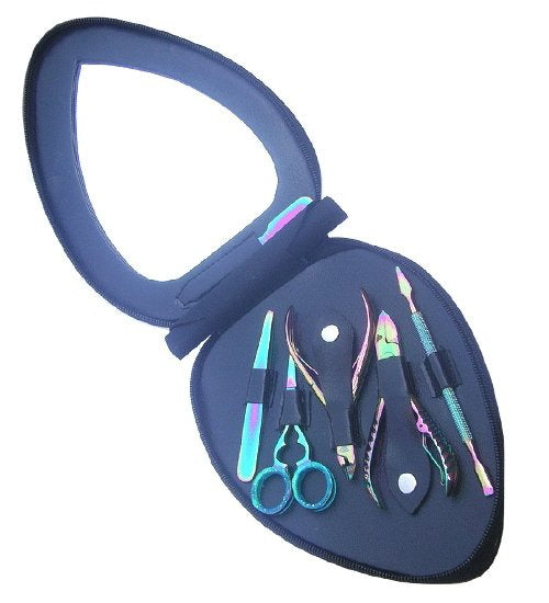 VIP Titanium Rainbow Heart Manicure Pedicure Set Kit Mirror 6pc